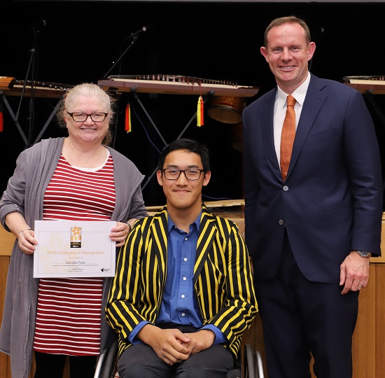 Gabi Fuller from Rozelle Neighbourhood Centre  with Mayor Darcy Byrne and Zarni Tun 2019 Young Citizen of the Year and member of the Balmain Parra Rowing Team